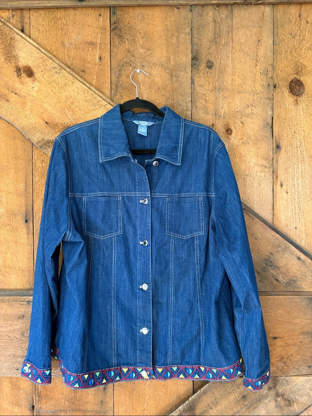 Embroidered-Trim Dark Blue Denim Jacket